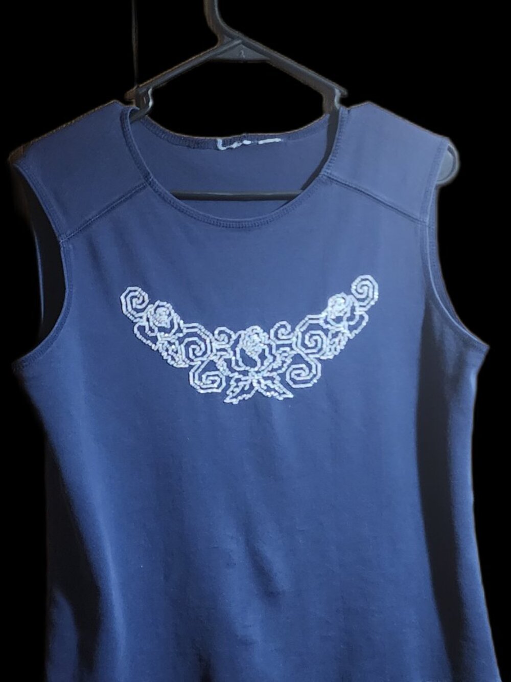 Vintage Blue Beaded Floral Tank Top Size L (Embellished Y2K Cami Blouse)